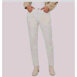 Seven7 Womens Size 10 Cream Embroidered 90s Floral Straight Jeans High Rise